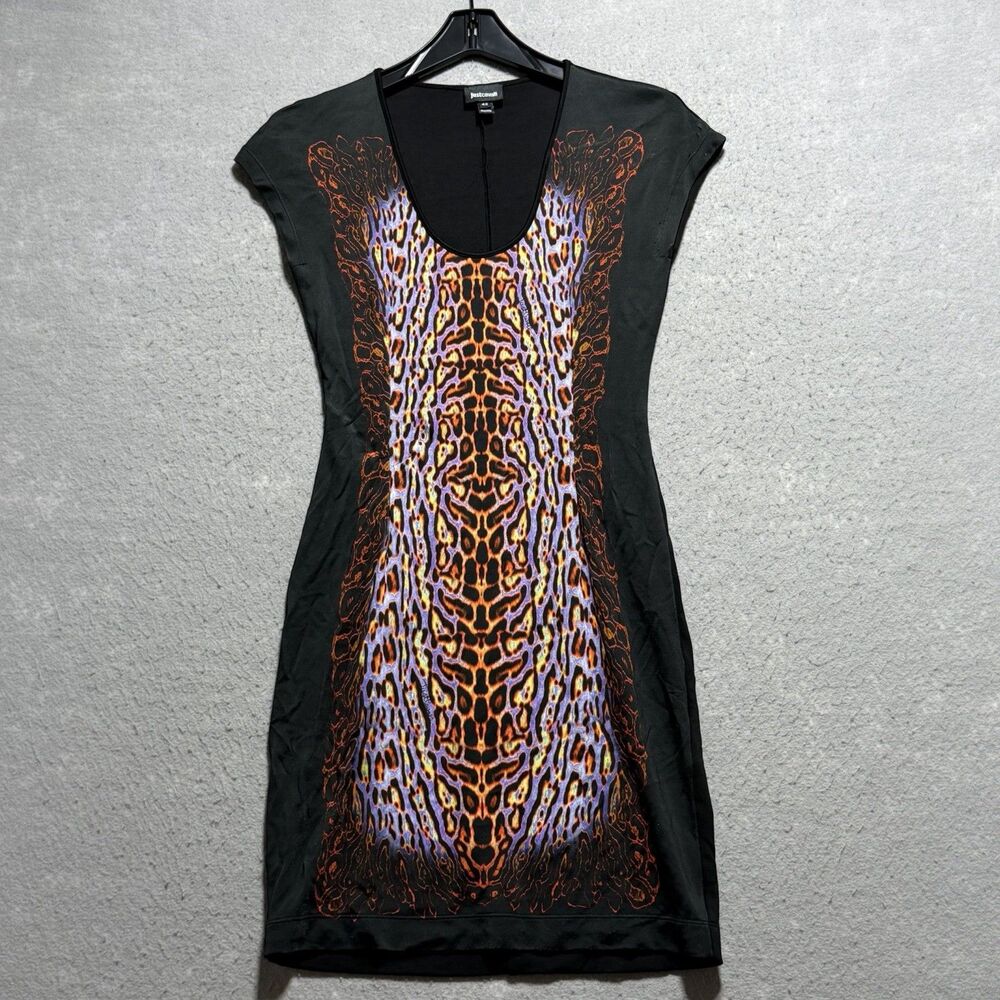 Just Cavalli Bodycon Dress Size 42 Black Leopard-Print Scoop Neck Ponte